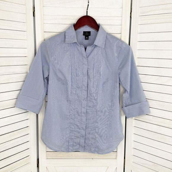 Worthington Petite Striped Faux Pleat Button Front Shirt Blue White Small - Picture 7 of 12